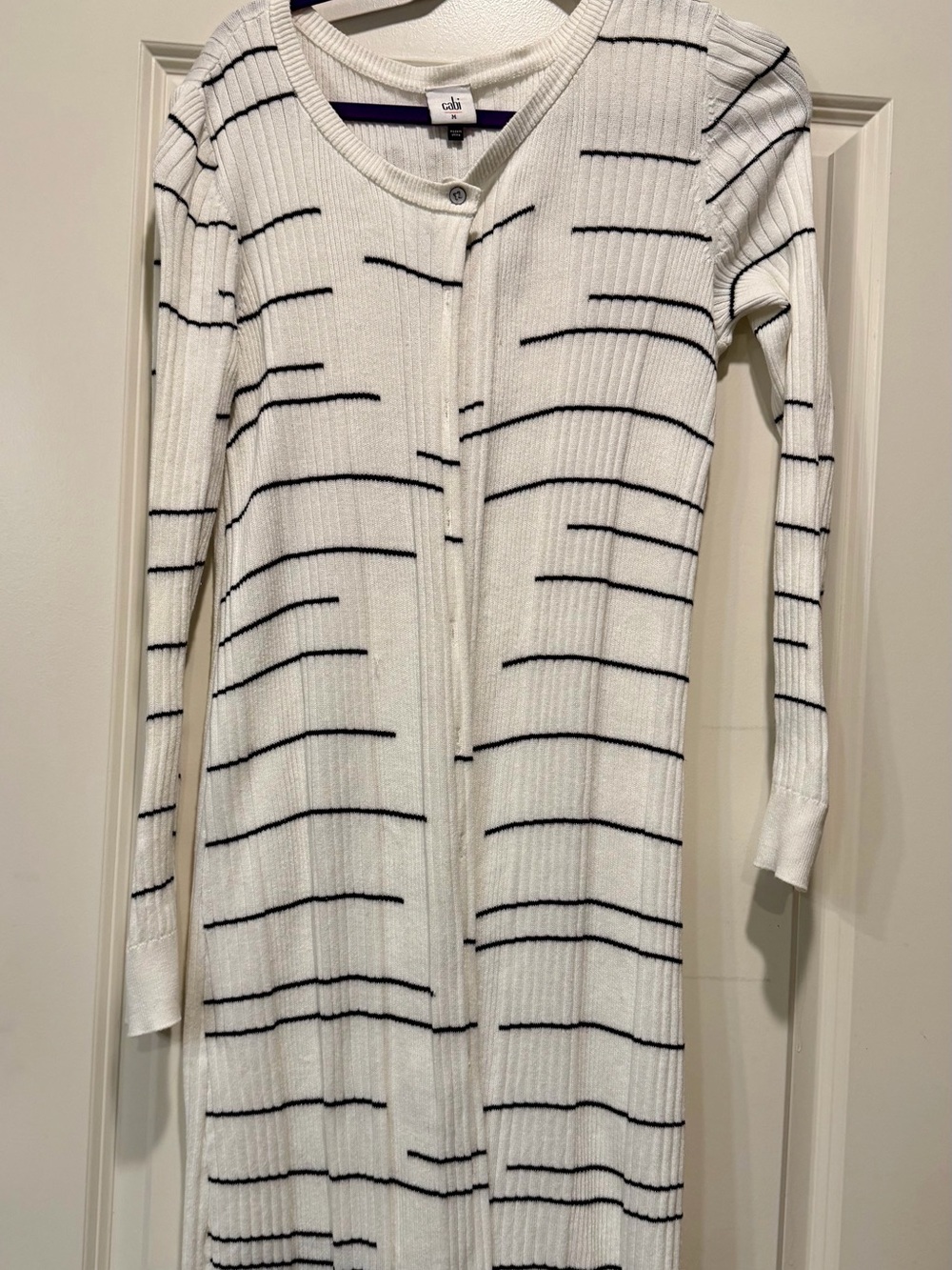 Cabi White & Black Striped Long Ribbed Knit Cardigan